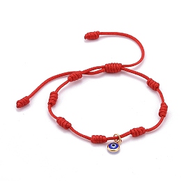 Honeyhandy Adjustable Nylon Thread Charm Bracelets, Lampwork Flat Round with Evil Eye, Red, Inner Diameter: 1-3/4~3-5/8 inch(4.6~9.2cm)