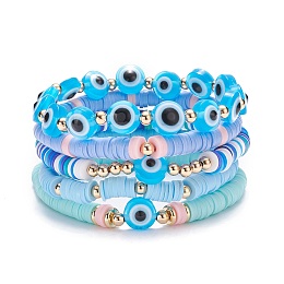 Arricraft 5Pcs 5 Style Polymer Clay Heishi Beaded Stretch Bracelets Set, Preppy Bracelets with Evil Eye for Women, Blue, Inner Diameter: 2-1/4 inch(5.8cm)