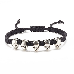 Honeyhandy Skull Alloy Braided Bead Bracelet, Halloween Adjustable Bracelet for Women, Antique Silver, Inner Diameter: 2-3/8~3-3/8 inch(5.9~8.7cm)