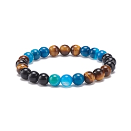 Honeyhandy Natural Agate & Tiger Eye & Black Onyx Round Beaded Stretch Bracelet, Gemstone Jewelry for Women, Deep Sky Blue, Inner Diameter: 2-1/8 inch(5.4cm)