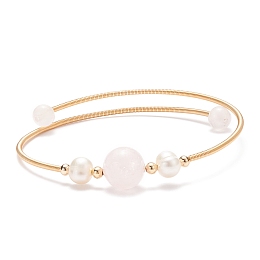 Honeyhandy Natural Rose Quartz & Pearl Round Beaded Bangle, Brass Torque Bangle for Women, Golden, Inner Diameter: 2-1/4 inch(5.6cm)