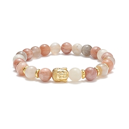 Honeyhandy Natural Multi-Moonstone & Alloy Buddha Head Beaded Stretch Bracelet, Gemstone Jewelry for Women, Inner Diameter: 2-3/8 inch(5.9~6.1cm)