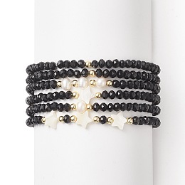 Honeyhandy 6Pcs 6 Style Natural Shell & Glass Star & Round Beaded Stretch Bracelets Set for Women, Black, Inner Diameter: 2-1/4 inch(5.8cm), 1Pc/style