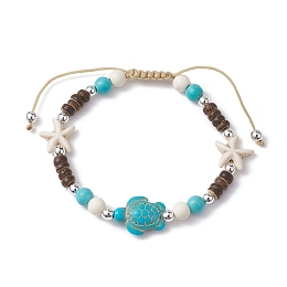 Honeyhandy Starfish & Tortoise Synthetic Turquoise Braided Bead Bracelet, Nylon Cord Adjustable Bracelets, Turquoise, Inner Diameter: 2-1/8~3-1/8 inch(5.45~7.8cm)