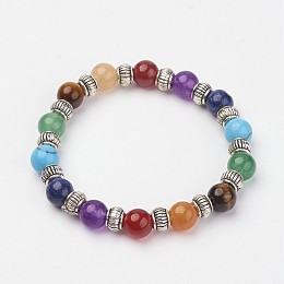 Honeyhandy Natural & Synthetic Gemstone Beaded Stretch Bracelets, with Alloy Spacer Beads, Colorful, 1-7/8 inch(47mm)