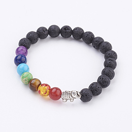 Honeyhandy Natural Lava Rock Stretch Bracelets, Chakra Bracelets, with Alloy Findings and Gemstone Beads, Antique Silver, Round and Elephant, 2-1/8 inch(55mm)