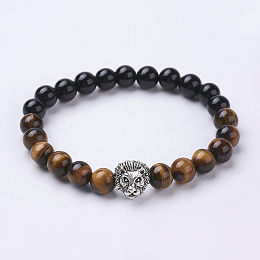 Honeyhandy Natural Obsidian and Tiger Eye Stretch Bracelets, with Alloy Findings, Lion Head, Antique Silver, 2-1/8 inch(55mm)