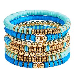 Honeyhandy Synthetic Hematite & Polymer Clay Heishi Beads Stretch Bracelets Set, Golden Plated Round Beads Bracelets for Women, Dodger Blue, Inner Diameter: 2-1/4 inch(5.7cm), 7pcs/set