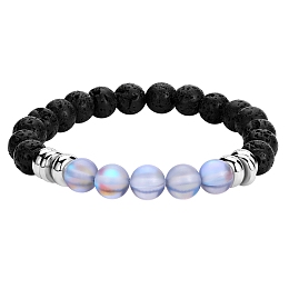 Honeyhandy Synthetic Moonstone & Natural Lava Rock Round Beaded Stretch Bracelet, Essential Oil Gemstone Jewelry for Women, Gray, Inner Diameter: 2-1/8 inch(5.5cm)