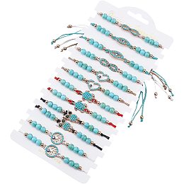 SUNNYCLUE 12Pcs 6 Style Adjustable Handmade String Bracelets Pack Turquoise Braided Bracelet for Women Stackable Gemstone Bracelets Owl Connectors Infinity Heart Turtle Evil Eye Charms Man Women