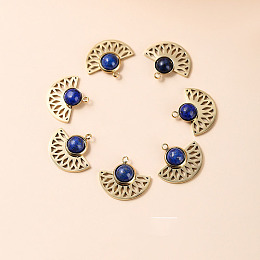 Honeyhandy Bohemia Style Natural Lapis Lazuli Pendants, Fan Charms, with Golden Tone Stainless steel Findings, 18x15x5mm