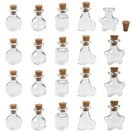 Honeyhandy 20Pcs 5 Styles Mini High Borosilicate Glass Bottle Bead Containers, Wishing Bottle, with Cork Stopper, Star & Heart & Round, Mixed Shapes, Clear, 2.3~2.4x1.6~2.1cm, 4pcs/style