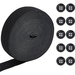 BENECREAT 10 Yards 25mm Flat Elastic Band with Buttonhole Black Knit Elastic Stretch Band with 10PCS Buttons for Skirts Shorts Pants Waistline Adjusting