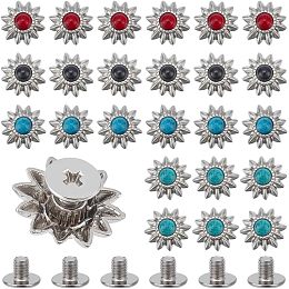 WADORN 24 Sets Sunflower Decoration Rivets Studs, 4 Colors 13mm Vintage Conchos Nailhead Studs Imitation Turquoise Round Shape Castings Screw Back Button DIY Leather Craft Accessories