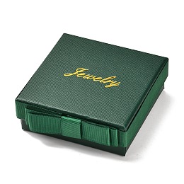 Honeyhandy Square & Word Jewelry Cardboard Jewelry Boxes, with Bowknot & Sponge, for Earring, Ring, Necklace and Bracelets Gifts Packaging, Dark Green, 9.5x9.3x3.4cm, Inner Size: 8.4x8.4cm