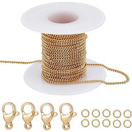 Beebeecraft 1 Box 16 Feet 5M Paperclip Chains 18K Gold Plated Oval Texture Chunky Link Necklace with 20Pcs Lobster Claw Clasps 50Pcs Jump Rings for Jewelry Chain Making