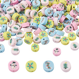 Honeyhandy Fashewelry 400Pcs 4 Colors Handmade Polymer Clay Beads, Christmas Theme, Flat Round, Mixed Color, 10x4mm, Hole: 1.6mm, 100pcs/color