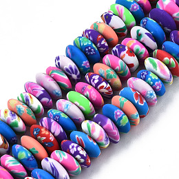 Honeyhandy Handmade Polymer Clay Beads Strands, Flat Round, Mixed Color, 9.5~10.5x3.5mm, Hole: 1.5mm, about 104~105pcs/strand, 15.75 inch~15.87 inch(40cm~40.3cm)