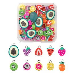 Honeyhandy 50Pcs 10 Style Handmade Polymer Clay Pendants, with Platinum Plated Iron Findings, Lemon & Carrot & Grapefruit & Grape & Dragon Fruit & Kiwi Fruit & Watermelon & Strawberry & Avocado, Mixed Color, 50pcs/Box