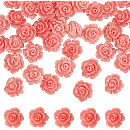 SUNNYCLUE 1 Box 50PCS 10mm Pink Rose Flower Beads Carved Rose Beads Synthetic Coral Shell Cinnabar Floral Loose Prayer Spacer Beads for Jewelry Making Beading Bracelet Scrapbooking valentine's day DIY