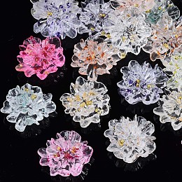 Honeyhandy Transparent Resin Cabochons, with 201 Stainless Steel Beads, Flower, Mixed Color, 24x22x10mm