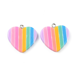 Honeyhandy Rainbow Heart Resin Pendants, with Platinum Plated Iron Peg Bails, Colorful, 25x25x4mm, Hole: 2mm