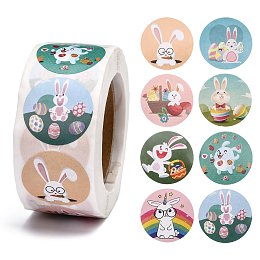 Honeyhandy Easter Stickers, Adhesive Labels Roll Stickers, Gift Tag, for Envelopes, Party, Presents Decoration, Flat Round, Colorful, Rabbit Pattern, 25mm, about 500pcs/roll