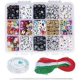 Arricraft 15 Styles Alphabet Letter Beads, 1000pcs Acrylic Letter Beads with Crystal String, Elastic Cord and Needles for Friendship Bracelets Necklaces Making