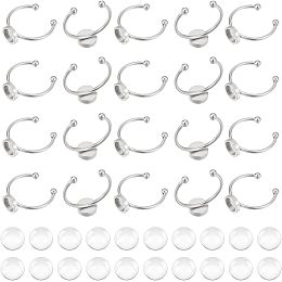 UNICRAFTALE 20pcs Half Round Blank Dome Finger Ring 6mm Tray Stainless Steel Cuff Pad Ring with Transparent Glass Cabochons Metal Cuff Bezel Rings Set for Ring Making