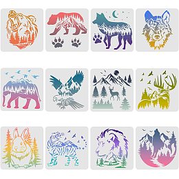 FINGERINSPIRE 12PCS/Set Bear Deer Eagle Rabbit Wolf Stencils, 11.8x11.8 Inch Tiger Elephant Claw Animal Stencils for Drawing, Wildlife Stencils for Painting on Wood Fabric Canvas Walls Stencil