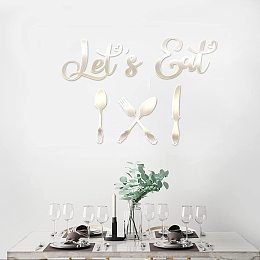 GLOBLELAND Let's Eat Acrylic Wall Stickers Knife and Fork Pattern Mirror Decor Stickers DIY Wall Decals for Kitchen Dinning Room Restaurant Motivational Letter Wall Decor