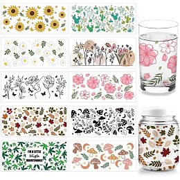 Arricraft 10 Pcs 10 Styles Cup Transfer Sticker, Plant Cup Transfer Paper Flowers Rub on Stickers UV DTF Leaves Mushroom Cup Wrap Sticker Waterproof Rub Decals for Craft Glass