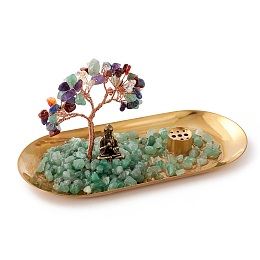 Honeyhandy Natural Gemstone Chips with Brass Incense Burner Holder, with Rose Gold Plated Brass Wires and Buddha, Lucky Tree, 83.5x180x85~100mm