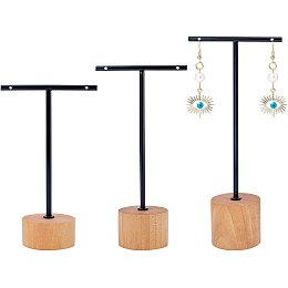 FINGERINSPIRE Black Metal 3 Pcs T Bar Earring Display Stand with Wooden Base Jewelry Holders Hanging Jewelry Organizer for Store Retail Photography Props【Black- Round Base, 5.7&4.9&3.9 Inch Height】