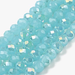 Honeyhandy Electroplate Glass Beads Strands, Imitation Jade, Half Rainbow Plated, Faceted, Rondelle, Turquoise, 4x3mm, Hole: 0.4mm, about 123~127pcs/strand, 16.5~16.9 inch(42~43cm)