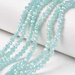 Honeyhandy Electroplate Glass Beads Strands, Imitation Jade Beads, Full Rainbow Plated, Faceted, Rondelle, Aquamarine, 4x3mm, Hole: 0.4mm, about 123~127pcs/strand, 16.5~16.9 inch(42~43cm)