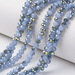 Honeyhandy Electroplate Glass Beads Strands, Imitation Jade Beads, Pearl Luster Plated, Half Green Plated, Faceted, Rondelle, Light Sky Blue, 6x5mm, Hole: 1mm, about 92~94pcs/strand, 17~17.5 inch(42.5~43.75cm)