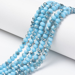 Electroplate Opaque Glass Beads Strands, Half Gray Plated, Faceted, Rondelle, Sky Blue, 8x6mm, Hole: 1mm, about 65~68pcs/strand, 15.7~16.1 inch(40~41cm)