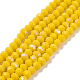 Honeyhandy Electroplate Opaque Solid Color Glass Beads Strands, Half Rainbow Plated, Faceted, Rondelle, Yellow, 8x6mm, Hole: 1mm, about 65~68pcs/strand, 15.7~16.1 inch(40~41cm)