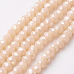 Honeyhandy Electroplate Glass Beads Strands, Full Rainbow Plated, Faceted, Rondelle, PeachPuff, 4~4.5x3mm, Hole: 0.5mm, about 130~135pcs/strand, 15.5~16 inch(39~40cm)