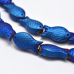 Honeyhandy Full Plated Frosted Electroplate Glass Fish Beads Strands, Blue Plated, 15x8x5mm, Hole: 1mm, about 30pcs/strand, 16 inch