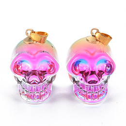 Honeyhandy Electroplate K9 Glass Pendants, with Golden Plated Brass Bails, Skull, Halloween, Violet, 25x26~27x19mm, Hole: 5x3mm