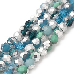 Electroplate Glass Beads Strands, Faceted, Half Silver Plated, Round, Medium Turquoise, 6x5mm, Hole: 1.4mm, about 100pcs/strand, 20.87''(53cm)