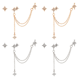 ANATTASOUL 4 Sets 2 Color Alloy Star Asymmetrical Earrings with Sterling Silver Pins, Chain Tassel Dangle Stud Earrings with Ear Cuff for Women, Platinum & Golden, 12x10.5mm, 95mm, Pin: 0.5mm, 2 sets/colors