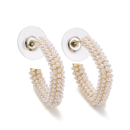 Honeyhandy Imitation Pearl Beaded Twist C-shape Stud Earrings, Alloy Half Hoop Earrings, Open Hoop Earrings with 925 Sterling Silver Pin for Women, Light Gold, White, 21.5x23.5x4mm, Pin: 1mm