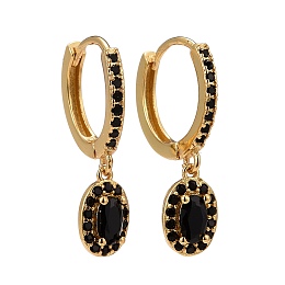 Honeyhandy Black Cubic Zirconia Oval Dangle Huggie Hoop Earrings, Brass Drop Earrings for Women, Lead Free & Cadmium Free & Nickel Free, Real 18K Gold Plated, 22.5mm, Pin: 0.8mm