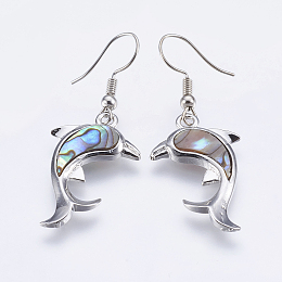 Honeyhandy Abalone Shell/Paua Shell Dangle Earrings, with Brass Findings, Dolphin, Platinum, 47~48mm, Pin: 0.7mm