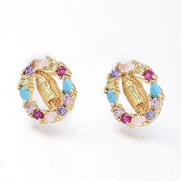 Honeyhandy Brass Micro Pave Cubic Zirconia Ear Studs, Long-Lasting Plated, Oval with Virgin Mary, Golden, Colorful, 13x11mm, Pin: 0.8mm