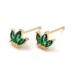 Honeyhandy Cubic Zirconia Crown Stud Earrings, Real 18K Gold Plated Brass Jewelry for Women, Cadmium Free & Nickel Free & Lead Free, Green, 6.5x8mm, Pin: 0.7mm