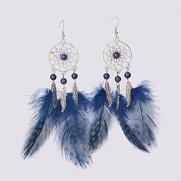 Honeyhandy Alloy Dangle Earrings, with Brass Earring Hooks, Natural Lapis Lazuli Round Beads and Chicken Feather Costume, Woven Net/Web with Feather, Prussian Blue, 140mm, Pin: 0.6mm, 120x50x8mm